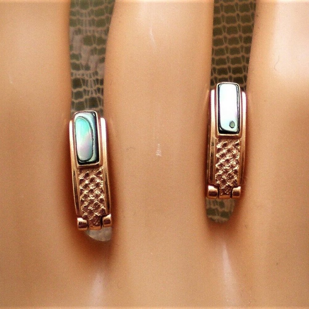 Vintage 14K Rose Pink Gold Abalone Inlay Pierced Earrings Secure Russian Lock